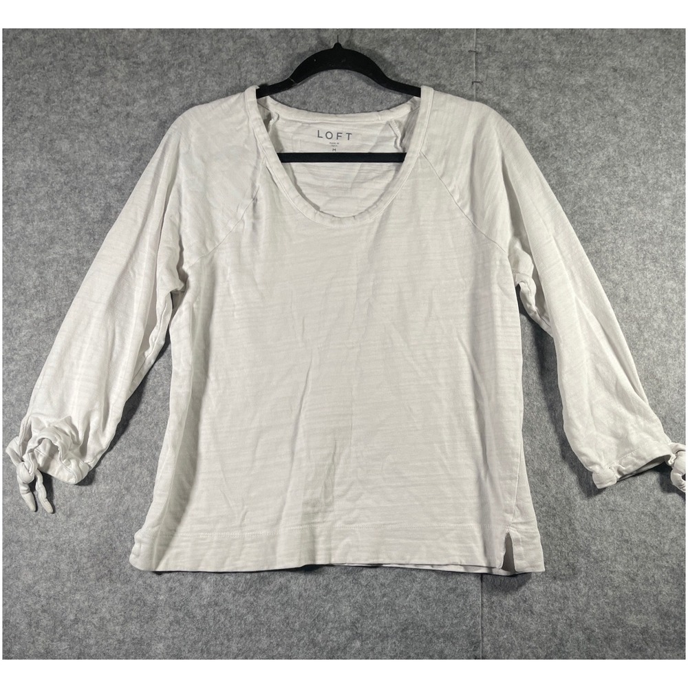 LOFT Womens White Slub Knit Long Sleeve Tie Cuff Scoop Neck Top Size M